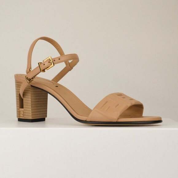 Fendi Delfina FF-Embossed 65mm Leather Sandals, Dark Honey, EU 38/US 8 - Picture 1 of 14